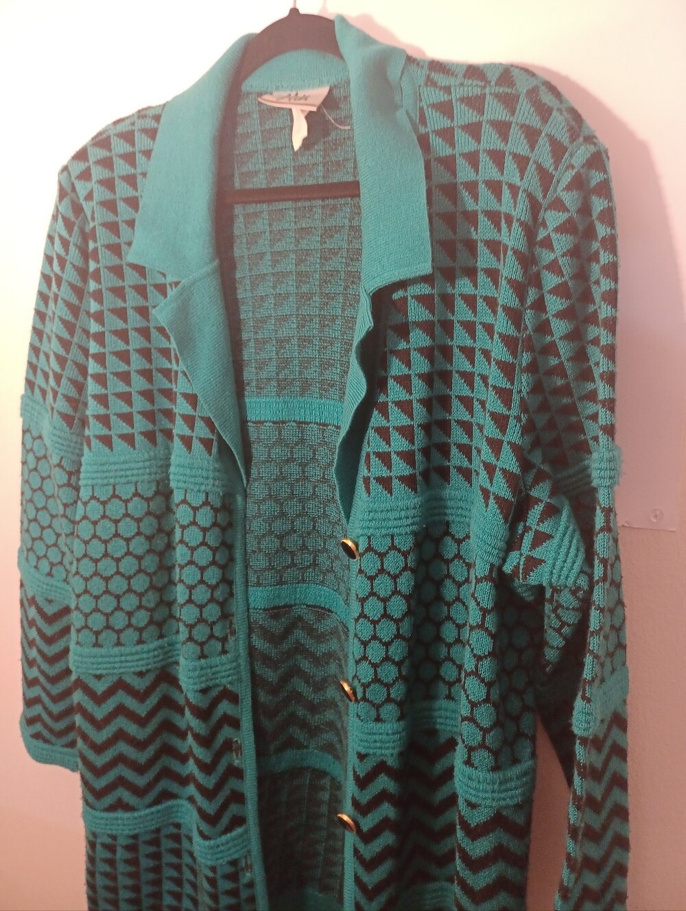Mita Womens Vintage 1980s Teal and Black Geometric Knit Cardigan Sweater 3X